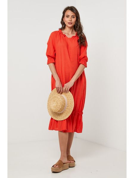 Lin Passion Lniana sukienka w kolorze czerwonym rozmiar: 38/40. Czerwone sukienki Lin Passion, bez wzorów, ze lnu, klasyczne, bez kołnierzyka, bez ramiączek, midi. Za 171.68 zł.