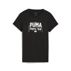 Damska koszulka z grafiką w uniwersyteckim stylu PUMA Black. Czarne bluzki Puma, bez wzorów, sportowe, bez kołnierzyka, bez ramiączek. Za 109.00 zł.