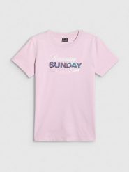 4F T-shirt regular z nadrukiem damski - różowy L. Czerwone t-shirty 4f, l, bez wzorów, z bawełny, bez kołnierzyka, bez ramiączek. Za 59.99 zł.