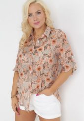 Pomarańczowo-Beżowa Koszula w Kwiaty z Podpinanymi Rękawami 3/4 Rosedris. Brązowe koszule Born2be, l, bez wzorów, bez kołnierzyka, bez ramiączek. Za 54.99 zł.