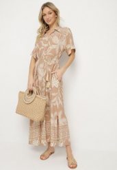 Beżowa Koszulowa Sukienka z Wiskozy w Kwiatowy Wzór z Kieszeniami Eramira. Brązowe sukienki Born2be, na co dzień, na lato, l, bez wzorów, z wiskozy, eleganckie, bez kołnierzyka, bez ramiączek, maxi, koszulowe. Za 109.99 zł.