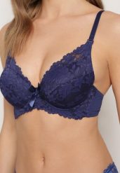 Granatowy Biustonosz Push-Up Ozdobiony Koronką z Odpinanymi Regulowanymi Ramiączkami Oanessa. Niebieskie biustonosze Renee, z aplikacjami, z koronki. Za 14.99 zł.