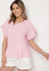 Różowa Bluzka o Kroju Oversize z Falbanami Livelle. Czerwone bluzki Born2be, uniwersalny, bez wzorów, z jeansu, bez kołnierzyka, bez ramiączek. W wyprzedaży za 59.49 zł.