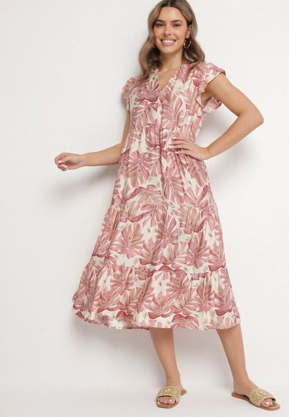 Ciemnoróżowa Sukienka z Wiskozą o Rozkloszowanym Kroju z Falbankami w Roślinny Wzór Amoira. Czerwone sukienki Born2be, na co dzień, na lato, l, bez wzorów, z jeansu, eleganckie, bez kołnierzyka, bez ramiączek, mini, rozkloszowane. Za 99.99 zł.