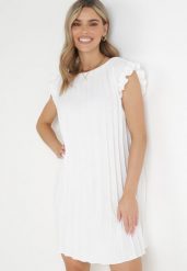 Biała Pudełkowa Sukienka Mini z Plisowanej Tkaniny z Wiskozy i Bawełny Ematisa. Białe sukienki Born2be, na imprezę, l, bez wzorów, z bawełny, eleganckie, bez kołnierzyka, bez ramiączek, mini. Za 49.99 zł.