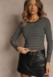 Czarna Bluzka Longsleeve Ozdobiona Paskami i Cyrkoniami Ralenea. Czarne bluzki Renee, s, bez wzorów, z jeansu, eleganckie, bez kołnierzyka, bez ramiączek. Za 49.99 zł.