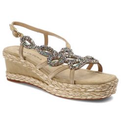 Beżowe Sandały Alma En Pena Eleganckie Obuwie Damskie Na Koturnie. Brązowe sandały Alma en Pena, z aplikacjami, eleganckie, bez obcasa, na koturnie, bez zapięcia. Za 485.99 zł.