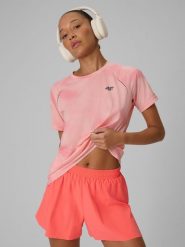 4F Koszulka do biegania szybkoschnąca damska - różowa M. Czerwone bluzki 4f, l, bez wzorów, z dzianiny, bez kołnierzyka, bez ramiączek. Za 129.99 zł.