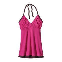 Koszulka bez rękawów damska Patagonia Layered Mesh Halter Top RDMG. Czerwone topy Patagonia, bez wzorów, z meshu, bez kołnierzyka, bez ramiączek. Za 164.14 zł.