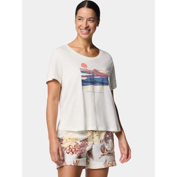 Koszulka bawełniana damska Columbia Ruby Springs Graphic Scoop Neck S/S. Białe koszulki sportowe Columbia, bez wzorów, z bawełny, bez ramiączek. Za 80.99 zł.