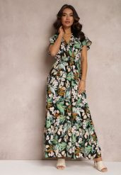 Zielono-Czarna Sukienka z Wiskozy Maxi w Kwiaty Mahiza. Zielone sukienki Renee, l, bez wzorów, z tkaniny, bez kołnierzyka, bez ramiączek, maxi, kopertowe. Za 59.99 zł.