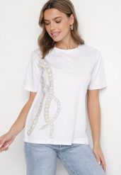 Biały T-shirt Bawełniany z Cyrkoniami Felnella. Białe t-shirty Born2be, l, bez wzorów, z bawełny, bez kołnierzyka, bez ramiączek. Za 34.99 zł.