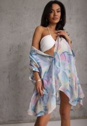 Niebieska Nietoperzowa Koszula z Bawełną o Fasonie Oversize Celista. Niebieskie koszule Renee, bez wzorów, z bawełny, eleganckie, bez kołnierzyka, bez ramiączek. Za 109.99 zł.