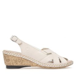 Sandały Rieker. Brązowe sandały Rieker, bez wzorów, bez obcasa, na koturnie, bez zapięcia. Za 259.99 zł.