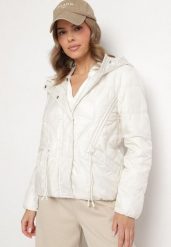 Biała Kurtka z Kapturem Ozdobiona Przeszyciami i Sznurkami Boledia. Białe kurtki Born2be, l, bez wzorów, z jeansu, z kapturem. Za 129.99 zł.