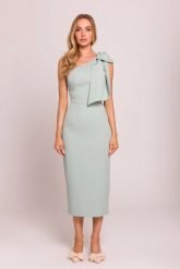 Elegancka sukienka ołówkowa na jedno ramię z kokardą miętowa. Zielone sukienki MOE, na imprezę, l, bez wzorów, z elastanu, eleganckie, z asymetrycznym kołnierzem, bez ramiączek, midi, asymetryczne. Za 409.00 zł.
