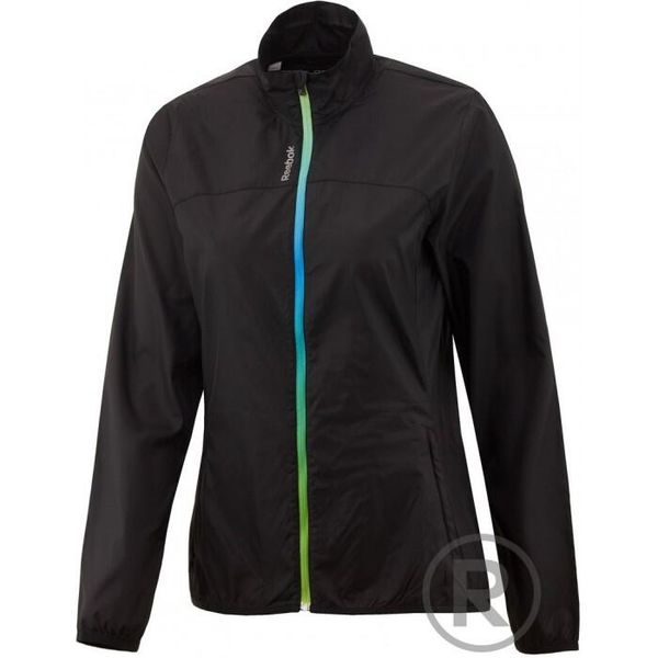 Reebok damska kurtka wiatrówka – lekka, oddychająca. Czarne kurtki sportowe Reebok, na jesień, bez wzorów, bez kaptura, do biegania. Za 221.99 zł.