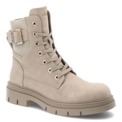 Botki damskie Jeep, trzewiki na płaskim obcasie za kostkę i zapinane na zamek, kremowe, JL52591A. Brązowe botki Jeep, na jesień, bez wzorów, z dzianiny, za kostkę, bez obcasa, na płaskiej podeszwie, bez zapięcia. Za 279.00 zł.