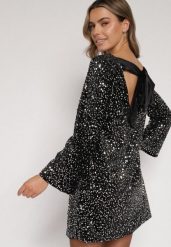 Srebrna Cekinowa Sukienka z Odkrytymi Plecami i Wiązaniem Diadina. Szare sukienki Born2be, na imprezę, z aplikacjami, z elastanu, eleganckie, bez kołnierzyka, bez ramiączek. Za 169.99 zł.