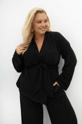 Kardigan z dzianiny prążkowej Stay Close z paskiem i regulowanymi rękawami czarny Plus Size Oversize. Czarne kardigany Moda Size Plus Iwanek, l, bez wzorów, z denimu. Za 199.90 zł.