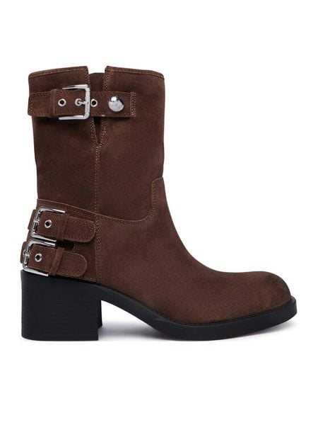 Guess Botki FLTMWE SUE10 Brązowy. Brązowe botki Guess, z aplikacjami, ze skóry, bez obcasa, na słupku, bez zapięcia. Za 764.99 zł.