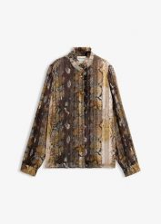 Bluzka z szyfonu z błyszczącą nicią. Czarne bluzki bonprix, bez wzorów, z szyfonu, eleganckie, bez kołnierzyka, bez ramiączek. Za 159.99 zł.