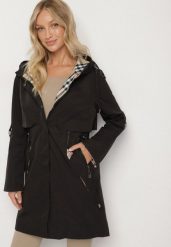 Czarna Kurtka Parka z Kapturem ze Wzorem w Kratę i Podpinanymi Rękawami Gavaria. Czarne kurtki Born2be, l, z jeansu, eleganckie, z kapturem. Za 199.99 zł.