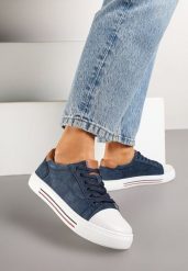 Granatowe Płaskie Trampki ze Skóry Naturalnej ze Skórzaną Wkładką i Ozdobnym Noskiem Milili. Niebieskie trampki Renee, bez wzorów, z jeansu, bez zapięcia. Za 79.99 zł.