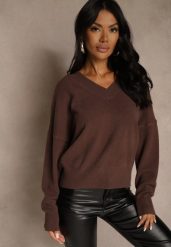 Brązowy Klasyczny Sweter z Wiskozą i Kaszmirem Marirra. Brązowe swetry Renee, bez wzorów, z jeansu, bez ramiączek. Za 109.99 zł.