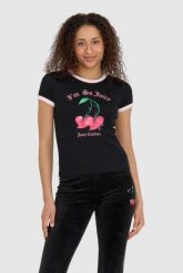 JUICY COUTURE Czarny t-shirt damski z wisienkami, Rozmiar M. Czarne t-shirty Juicy Couture, m, bez wzorów, bez kołnierzyka, bez ramiączek. W wyprzedaży za 229.99 zł.