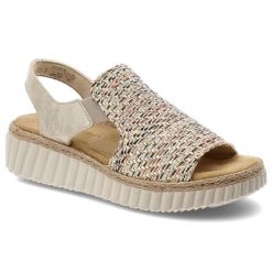 Sandały damskie Rieker, cholewka z materiału tekstylnego wsuwany fason na platformie, beżowe, 69276-60. Brązowe sandały Rieker, bez wzorów, wakacyjne, bez obcasa, na platformie, bez zapięcia. Za 299.00 zł.
