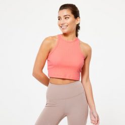 Koszulka bez rękawów damska Domyos Gym & Pilates 520 crop top. Brązowe topy NYAMBA, xl, bez wzorów, z bawełny, bez kołnierzyka, bez ramiączek. W wyprzedaży za 29.99 zł.