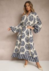 Niebieska Sukienka Oversize z Wiskozy z Paskiem Zdobiona Etnicznym Printem Velsekia. Niebieskie sukienki Renee, na co dzień, m, z aplikacjami, z materiału, eleganckie, bez kołnierzyka, bez ramiączek, maxi, oversize. Za 99.99 zł.