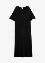 Sukienka z dżerseju z mieszanki wiskozy. Czarne sukienki bonprix, bez wzorów, z dżerseju, bez kołnierzyka, bez ramiączek, mini. Za 112.99 zł.