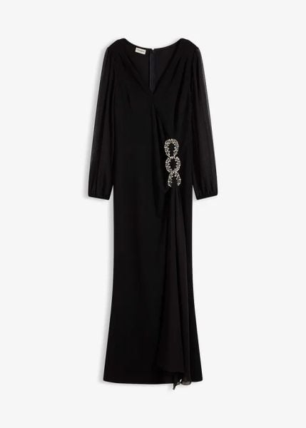 Długa sukienka z aplikcją ze strasów. Czarne sukienki bonprix, z aplikacjami, wizytowe, bez kołnierzyka, bez ramiączek, maxi. Za 379.99 zł.