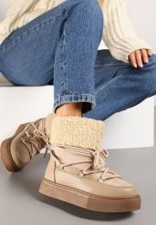 Ciemnobeżowe Śniegowce Futerkowe na Platformie ze Sznurowaną Cholewką Izalithia. Brązowe trapery i śniegowce Renee, z futra. Za 79.99 zł.