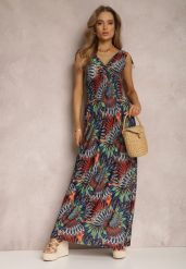 Granatowo-Pomarańczowa Sukienka Phaedrina. Niebieskie sukienki Renee, na co dzień, na lato, l, bez wzorów, z tkaniny, boho, bez kołnierzyka, bez ramiączek, maxi, kopertowe. Za 49.99 zł.