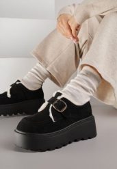 Czarne Śniegowce na Platformie z Paskiem ze Sprzączką i Futrem Unweda. Czarne trapery i śniegowce Renee, z jeansu. Za 129.99 zł.