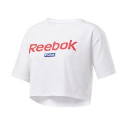 Koszulka sportowa damska Reebok Linear Logo Crop Tee. Białe koszulki sportowe Reebok, bez wzorów, bez ramiączek. Za 118.00 zł.