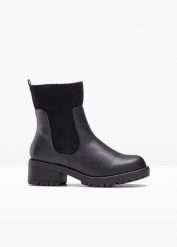 Botki. Czarne botki bonprix, bez wzorów, ze sztruksu, bez obcasa, bez zapięcia. Za 147.99 zł.