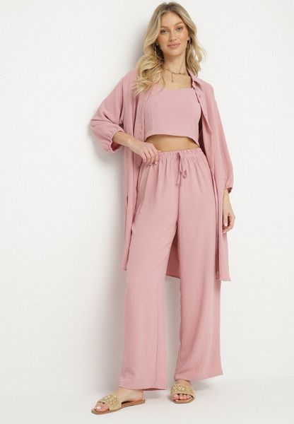 Ciemnoróżowy Komplet Top na Cienkich Ramiączkach Długa Koszula i Luźne Spodnie Adirive. Czerwone koszule Born2be, xl, bez wzorów, z materiału, eleganckie, bez kołnierzyka, bez ramiączek. Za 119.99 zł.