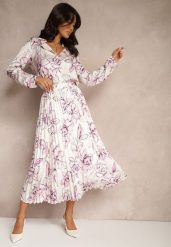 Biało-Fuksjowa Plisowana Spódnica z Wiskozą w Kwiatowy Print Rivavina. Białe spódnice Renee, na co dzień, l, bez wzorów, z wiskozy, eleganckie, midi, proste. Za 99.99 zł.