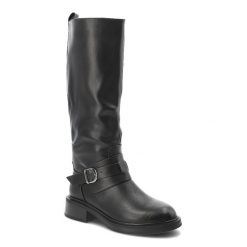 Kozaki damskie D&A by S.Barski o wysokim fasonie z ozdobnym paskiem z klamrą i niskim stabilnym obcasem czarne, MR62-9064 Black. Czarne kozaki S.BARSKI, na zimę, przed kolano, bez obcasa, bez zapięcia. Za 429.00 zł.