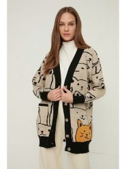 Trendyol Kardigan w kolorze beżowo-czarno-pomarańczowym rozmiar: L/XL. Brązowe kardigany Trendyol, l, bez wzorów, ze splotem. Za 92.45 zł.