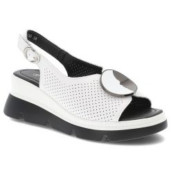 Białe Sandały S.Barski Eleganckie Obuwie Damskie Z Broszką. Białe sandały S.BARSKI, w ażurowe wzory, eleganckie, z okrągłym noskiem, bez obcasa, na koturnie, bez zapięcia. Za 161.99 zł.