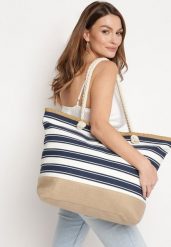 Beżowo-Granatowa Plażowa Torebka Shopper z Rączkami ze Sznurka Wykończona Plecionką Zapinana na Suwak Linneli. Brązowe shopper Born2be, bez wzorów, z materiału, eleganckie, bez dodatków. W wyprzedaży za 47.99 zł.
