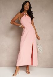 Różowa Sukienka z Wiskozą z Dekoltem Halter i Ozdobną Broszką Naliannae. Czerwone sukienki Renee, na imprezę, l, bez wzorów, z wiskozy, eleganckie, bez kołnierzyka, bez ramiączek, maxi. Za 89.99 zł.
