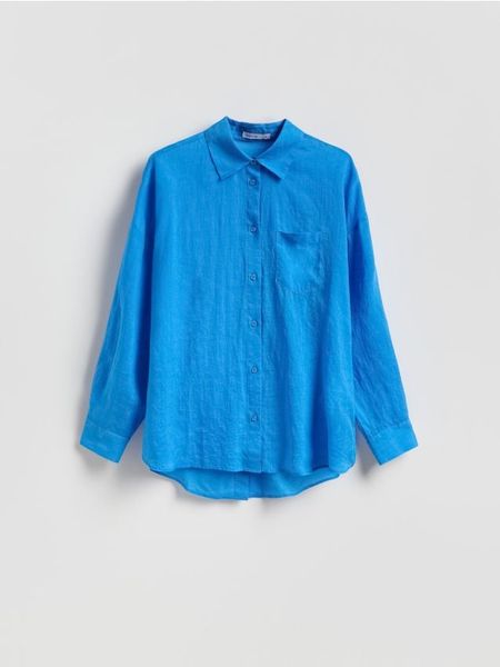 Koszula z ramią - niebieski. Niebieskie koszule Reserved, l, bez wzorów, z lyocellu, bez kołnierzyka, bez ramiączek. Za 119.99 zł.