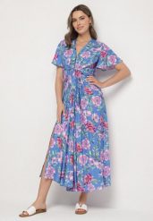 Niebieska Sukienka z Wiskozy w Kwiaty z Rozcięciami i Ozdobnym Węzłem Efrana. Niebieskie sukienki Born2be, na co dzień, l, bez wzorów, z wiskozy, eleganckie, bez kołnierzyka, bez ramiączek, maxi. Za 149.99 zł.