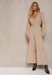 Beżowy Kopertowy Kombinezon z Bawełny z Dodatkowym Paskiem i Gumką w Talii Rinnarela. Brązowe sukienki Renee, na co dzień, l, bez wzorów, z bawełny, eleganckie, bez kołnierzyka, bez ramiączek, kopertowe. Za 109.99 zł.